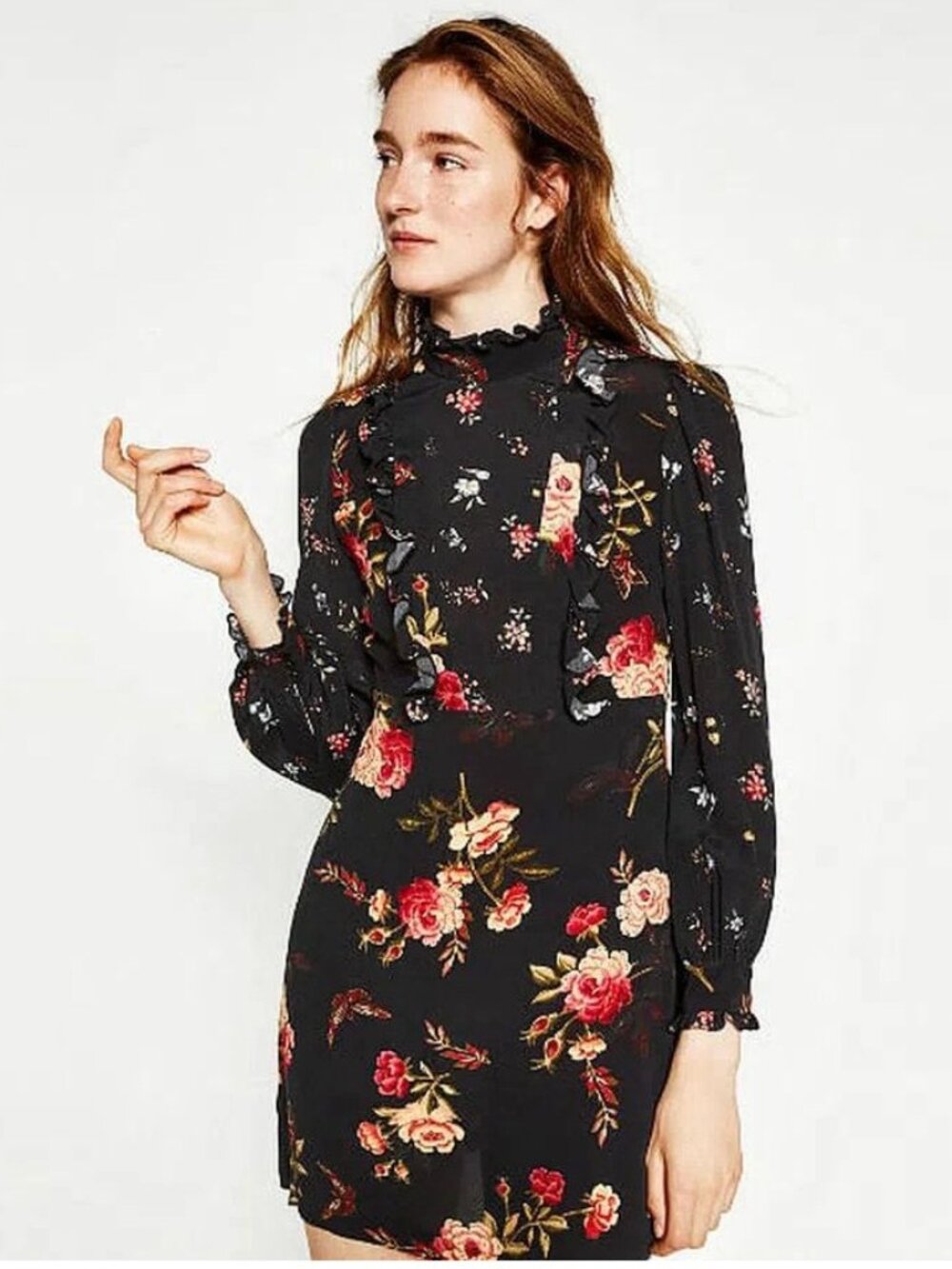 ZARA Black Floral Lace Back Ruffle Long Sleeve Mini Dress S